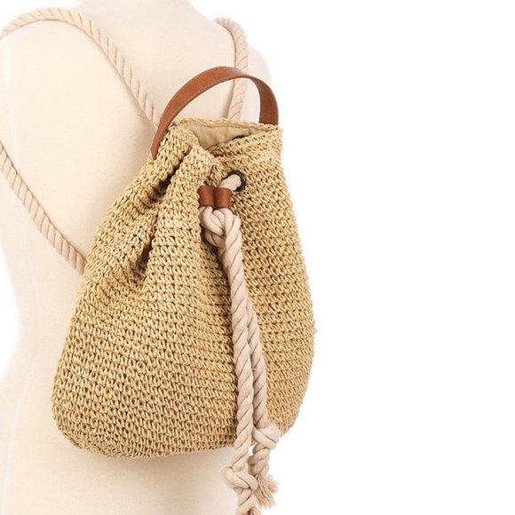 NWT Boho Beach Raffia Woven Rope Backpack - Picture 4 of 11